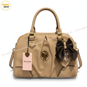 Juicy Couture Satchel Handbag Bow Charm Beige Gold Logo Shoulder Crossbody NWT